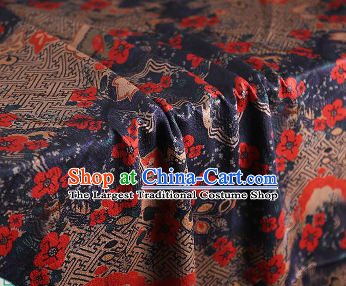 Chinese Traditional Navy Blue Brocade Cloth Qipao Dress Classical Plum Blossom Pattern Silk Fabric Gambiered Guangdong Gauze