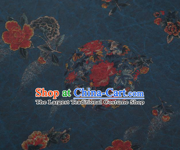 Chinese Gambiered Guangdong Gauze Qipao Dress Classical Crane Peony Pattern Silk Fabric Traditional Blue Brocade Cloth