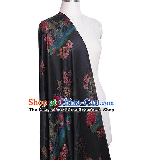 Chinese Traditional Peacock Peony Pattern Silk Fabric Black Gambiered Guangdong Gauze Classical Qipao Dress Material
