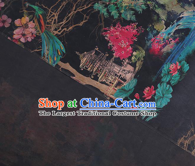 Chinese Traditional Peacock Peony Pattern Silk Fabric Black Gambiered Guangdong Gauze Classical Qipao Dress Material