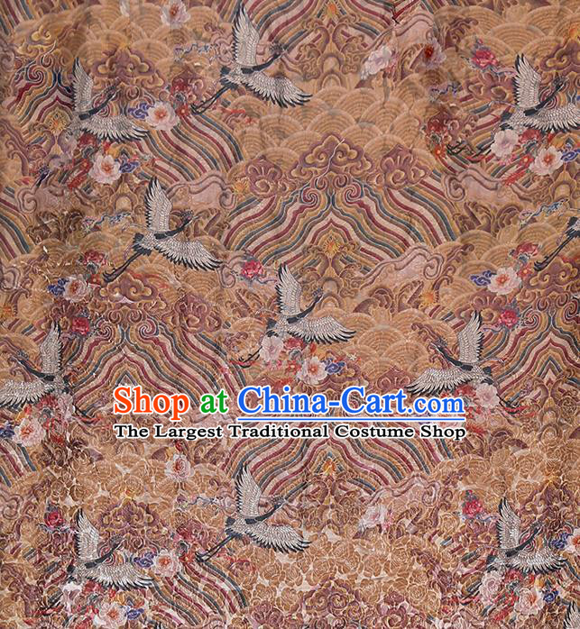 Chinese Classical Wave Cranes Pattern Silk Fabric Traditional Cheongsam Ginger Brocade Material Tapestry