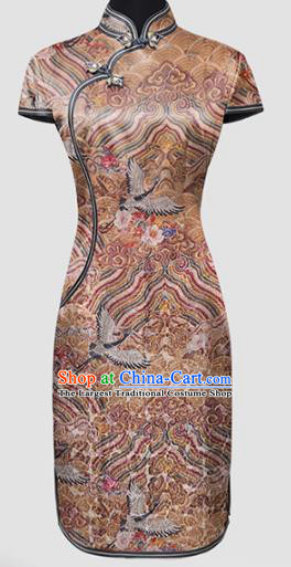 Chinese Classical Wave Cranes Pattern Silk Fabric Traditional Cheongsam Ginger Brocade Material Tapestry