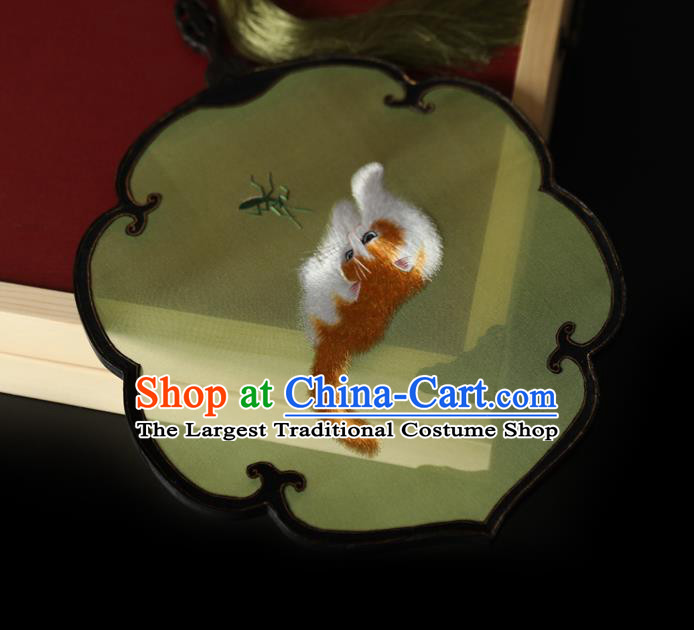 China Ancient Princess Palace Fan Traditional Hanfu Green Silk Fan Handmade Embroidered Cat Fan