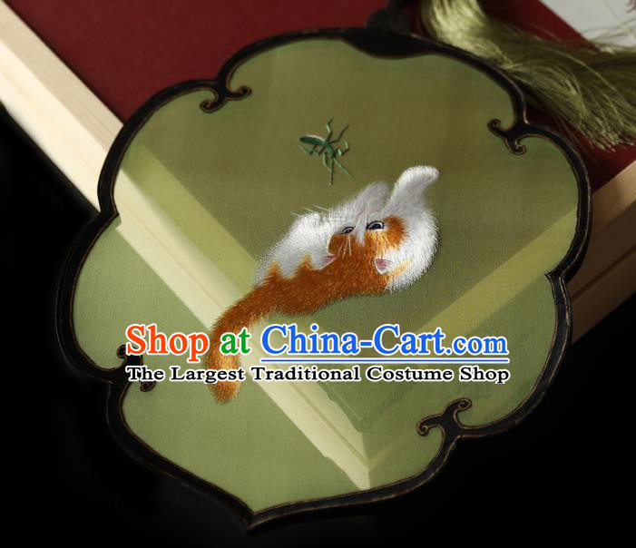 China Ancient Princess Palace Fan Traditional Hanfu Green Silk Fan Handmade Embroidered Cat Fan