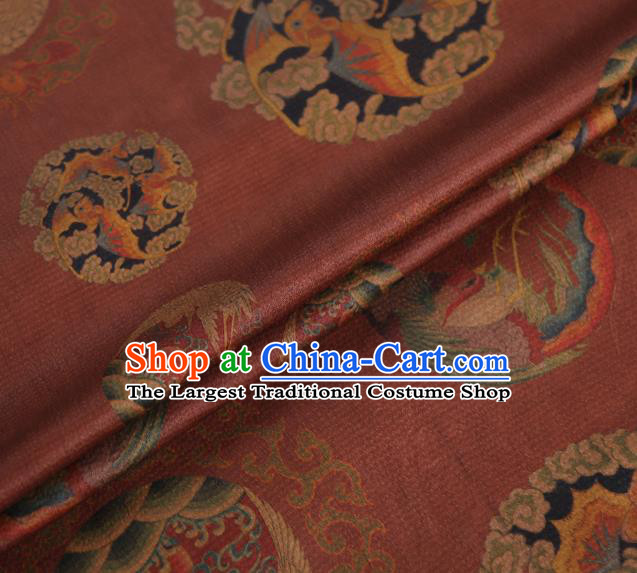 Chinese Traditional Cloth Qipao Dress Gambiered Guangdong Gauze Classical Phoenix Peony Pattern Rust Red Silk Fabric