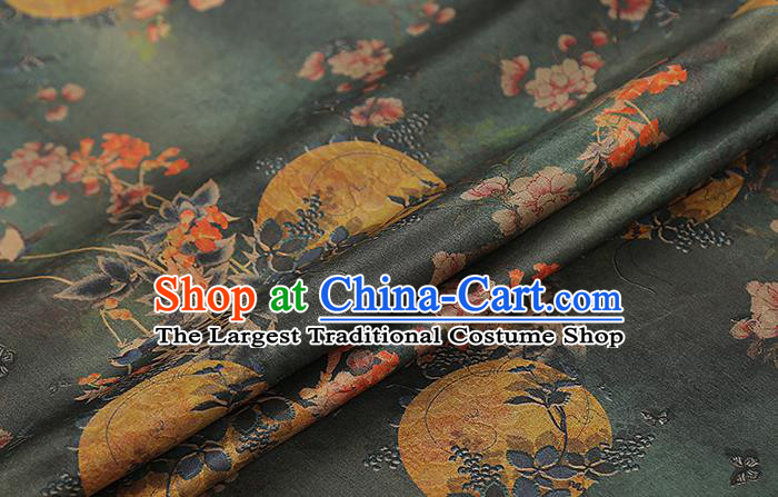 Chinese Classical Moon Flowers Pattern Green Gambiered Guangdong Gauze Drapery Traditional Qipao Dress Silk Fabric