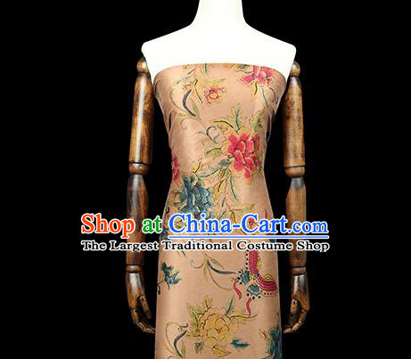 Chinese Classical Peony Butterfly Pattern Gambiered Guangdong Gauze Drapery Traditional Qipao Dress Beige Silk Fabric
