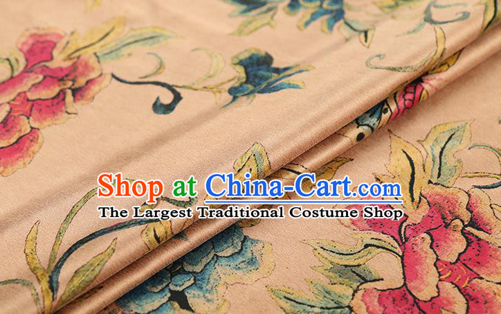 Chinese Classical Peony Butterfly Pattern Gambiered Guangdong Gauze Drapery Traditional Qipao Dress Beige Silk Fabric