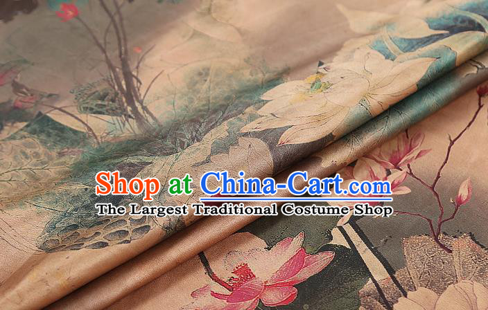 Chinese Classical Lotus Plum Pattern Gambiered Guangdong Gauze Drapery Traditional Qipao Dress Apricot Silk Fabric