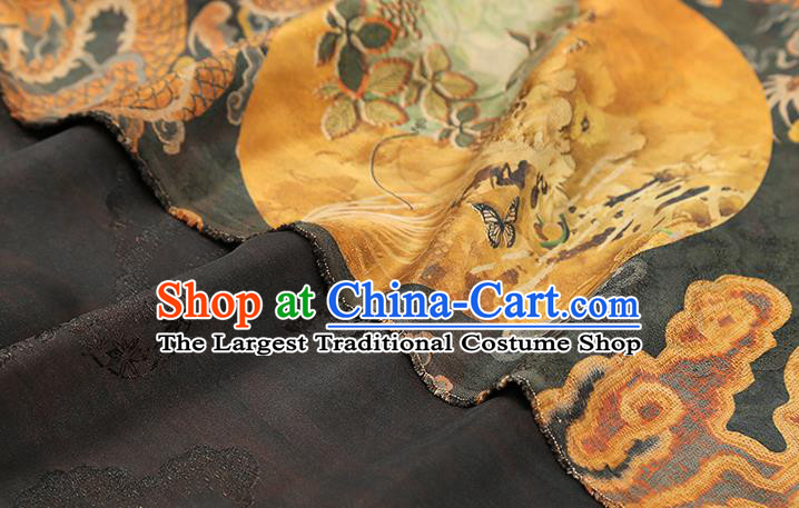 Chinese Printing Dragon Black Gambiered Guangdong Gauze Drapery Traditional Tang Suit Silk Fabric