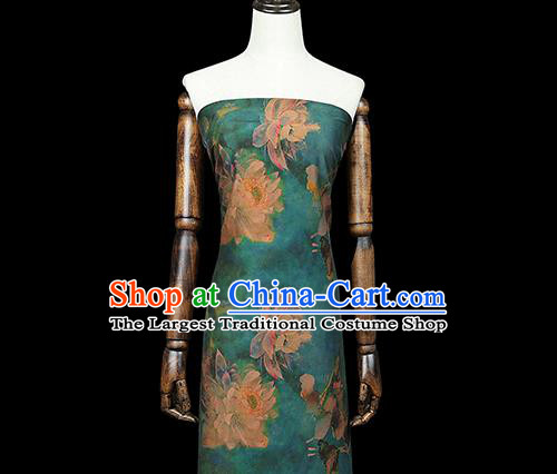 Chinese Classical Lotus Pattern Green Drapery Traditional Qipao Dress Silk Fabric Gambiered Guangdong Gauze