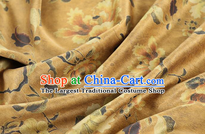 Chinese Classical Flowers Pattern Ginger Gambiered Guangdong Gauze Traditional Qipao Dress Silk Fabric