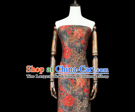 Chinese Classical Red Flowers Pattern Gambiered Guangdong Gauze Traditional Qipao Dress Grey Silk Fabric