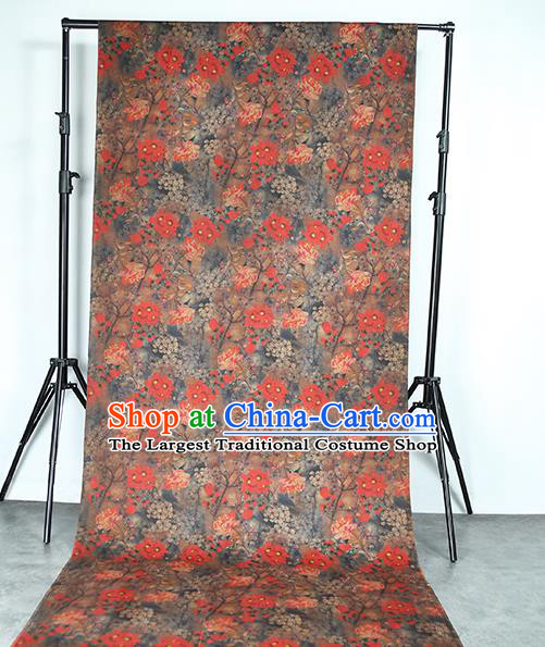 Chinese Classical Red Flowers Pattern Gambiered Guangdong Gauze Traditional Qipao Dress Grey Silk Fabric