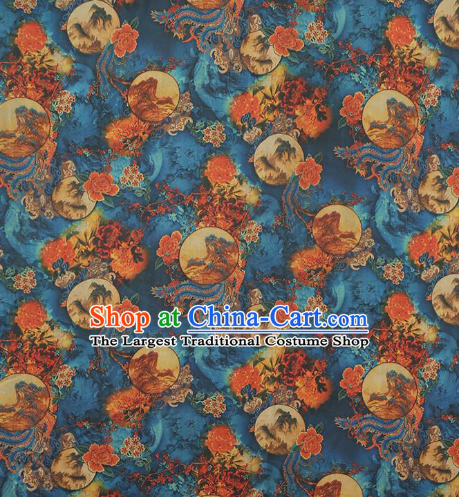 Chinese Traditional Qipao Dress Blue Silk Fabric Classical Phoenix Pattern Gambiered Guangdong Gauze