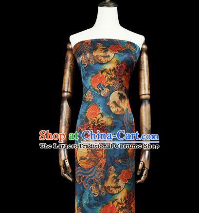 Chinese Traditional Qipao Dress Blue Silk Fabric Classical Phoenix Pattern Gambiered Guangdong Gauze