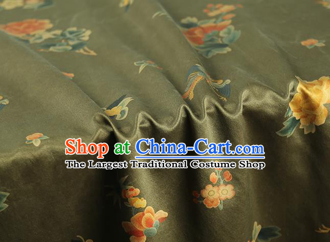 Chinese Classical Phoenix Peony Pattern Gambiered Guangdong Gauze Drapery Traditional Qipao Dress Olive Green Silk Fabric
