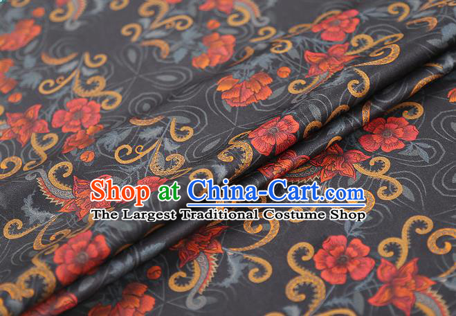 Chinese Classical Black Silk Fabric Traditional Qipao Dress Flowers Pattern Gambiered Guangdong Gauze Material