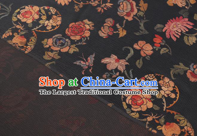Chinese Chrysanthemum Pattern Black Gambiered Guangdong Gauze Traditional Qipao Dress Cloth Classical Silk Fabric