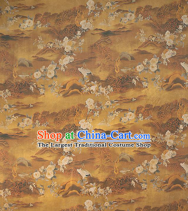 Chinese Ginger Gambiered Guangdong Gauze Traditional Qipao Dress Cloth Classical Crane Flowers Pattern Silk Fabric