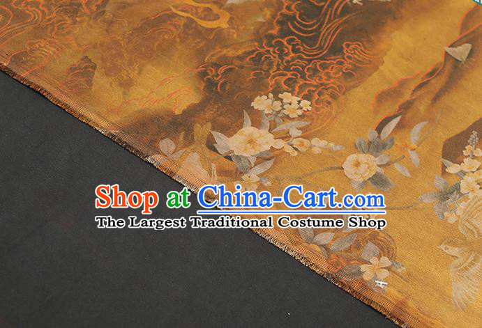 Chinese Ginger Gambiered Guangdong Gauze Traditional Qipao Dress Cloth Classical Crane Flowers Pattern Silk Fabric