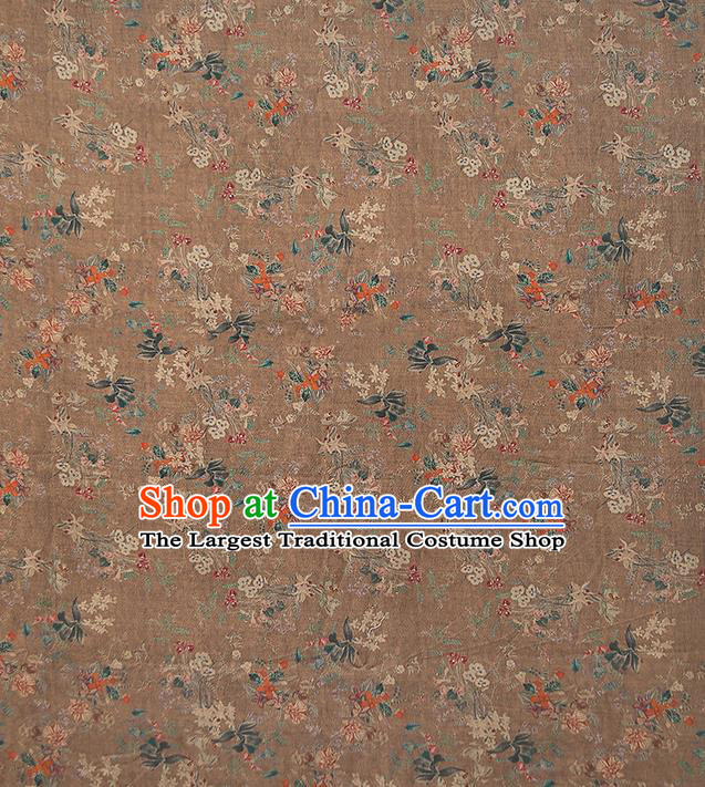 Chinese Classical Printing Flowers Gambiered Guangdong Gauze Traditional Qipao Dress Brown Silk Fabric
