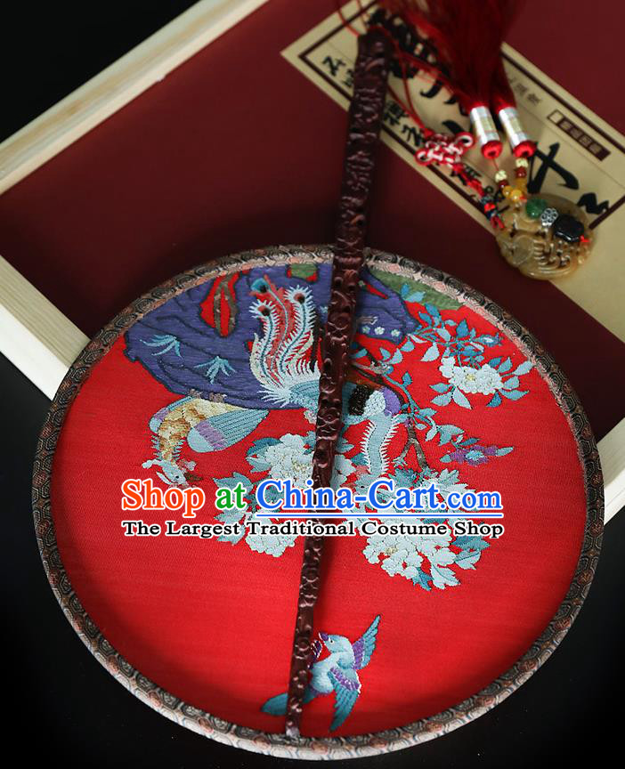 China Traditional Hanfu Red Silk Palace Fan Ancient Princess Circular Fan Handmade Wedding Embroidered Phoenix Peony Fans