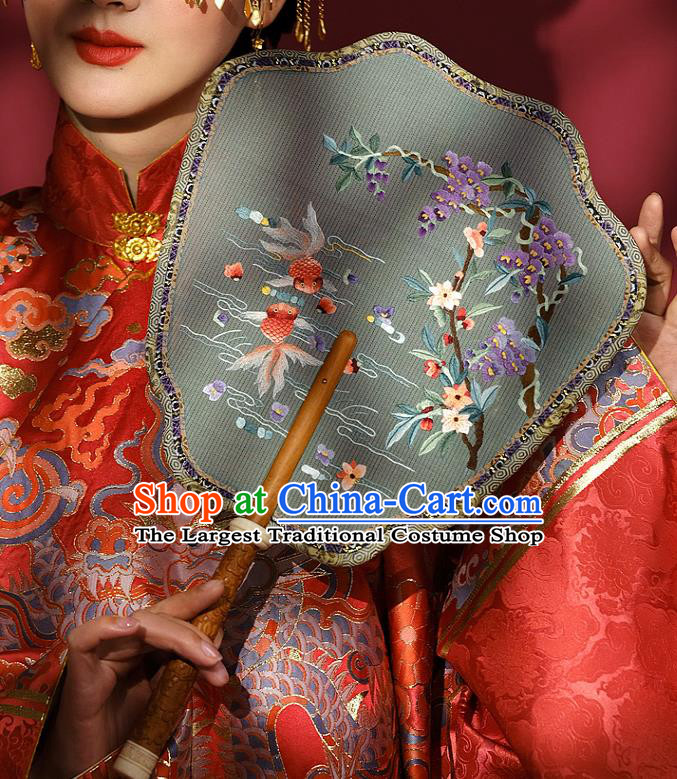 China Handmade Wedding Embroidered Wisteria Goldfish Fans Traditional Hanfu Silk Palace Fan Ancient Princess Fan