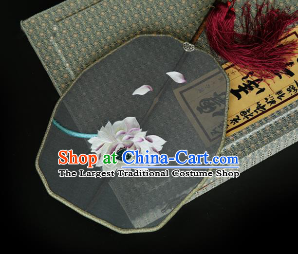 China Traditional Hanfu Palace Fan Ancient Court Princess Grey Silk Fan Handmade Embroidered Lotus Fans
