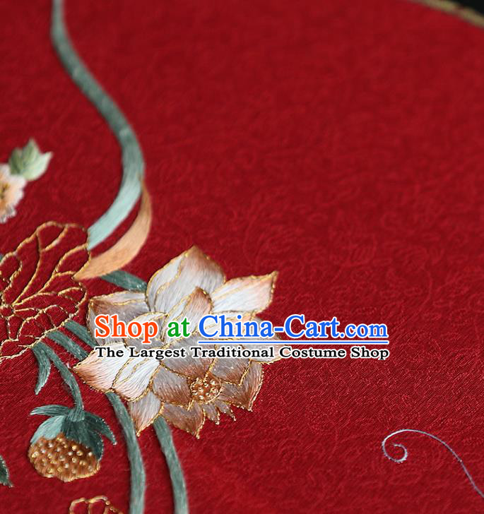 China Ancient Bride Red Silk Fan Handmade Embroidered Lotus Circular Fans Traditional Wedding Hanfu Palace Fan