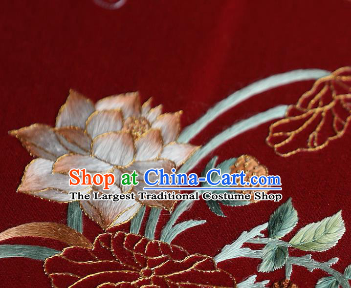 China Ancient Bride Red Silk Fan Handmade Embroidered Lotus Circular Fans Traditional Wedding Hanfu Palace Fan