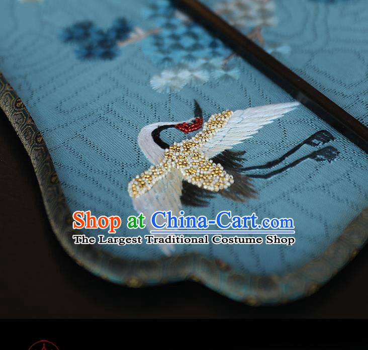 China Ancient Court Princess Fan Traditional Hanfu Blue Silk Palace Fan Handmade Embroidered Pine Crane Fans