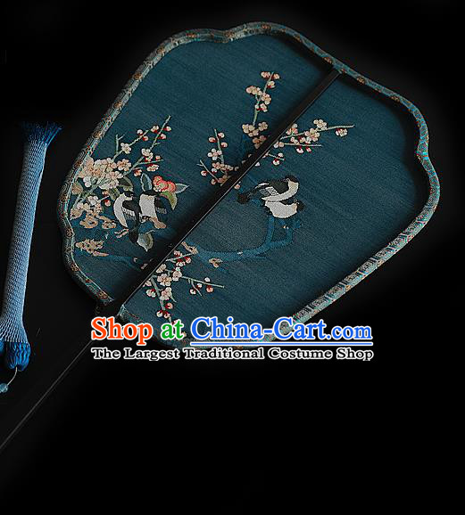 China Wedding Blue Palm Leaf Fan Handmade Traditional Hanfu Blue Silk Fan Printing Plum Blossom Palace Fan