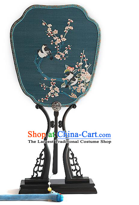 China Wedding Blue Palm Leaf Fan Handmade Traditional Hanfu Blue Silk Fan Printing Plum Blossom Palace Fan