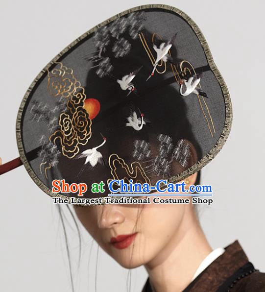 China Traditional Hanfu Black Silk Fan Ancient Court Princess Palace Fan Handmade Embroidered Cloud Crane Fans