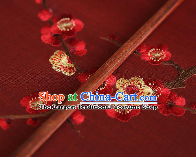 China Ancient Court Princess Palace Fan Handmade Embroidered Plum Blossom Fans Traditional Hanfu Red Silk Fan