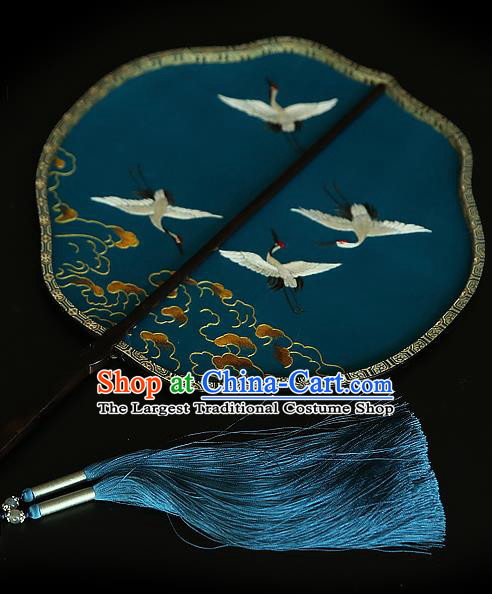 China Handmade Embroidered Cranes Palace Fan Traditional Court Hanfu Fan Wedding Blue Silk Fan