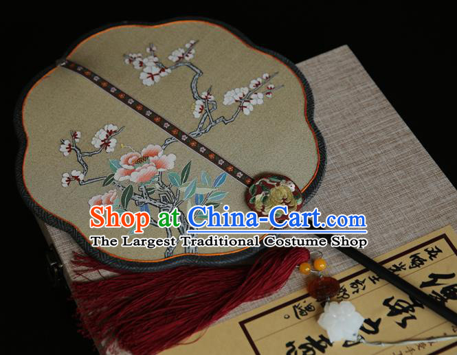 China Traditional Court Hanfu Fan Wedding Beige Silk Fan Handmade Embroidered Plum Blossom Palace Fan