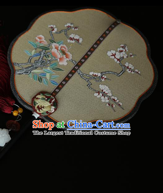 China Traditional Court Hanfu Fan Wedding Beige Silk Fan Handmade Embroidered Plum Blossom Palace Fan