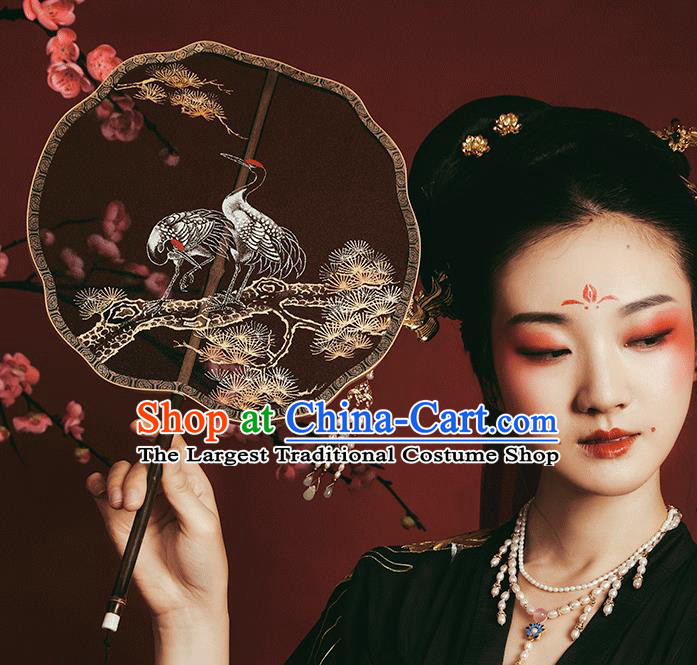 China Ancient Princess Palace Fan Handmade Painting Pine Crane Black Silk Fan Traditional Wedding Hanfu Fans