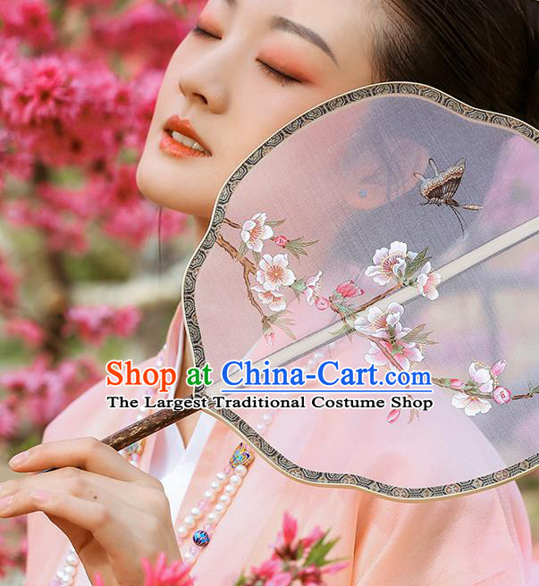 China Ancient Hanfu Palace Fan Traditional Wedding Fans Handmade Painting Peach Blossom White Silk Fan