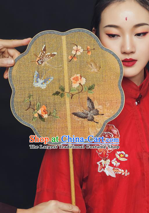 China Traditional Wedding Yellow Silk Fans Handmade Painting Butterfly Fan Ancient Hanfu Palace Fan