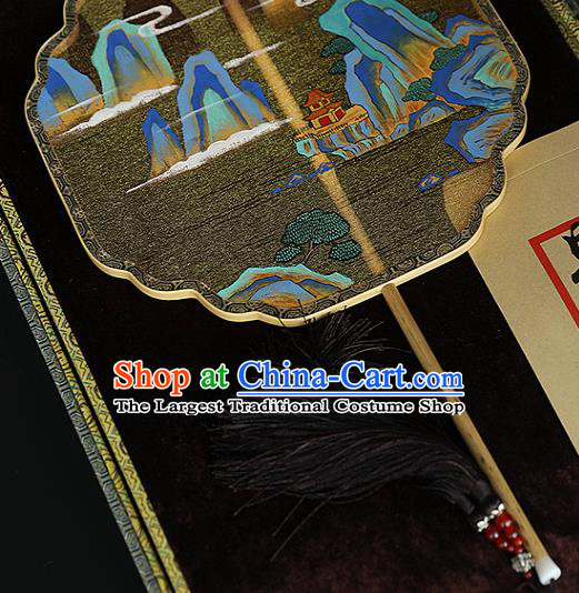 China Ancient Hanfu Palace Fan Traditional Wedding Black Silk Fans Handmade Landscape Painting Fan