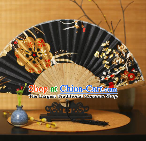 China Classical Folding Fan Traditional Printing Sakura Black Silk Fan Accordion
