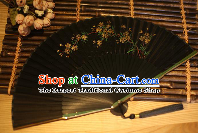 China Classical Folding Fan Black Silk Fans Printing Flowers Fan Traditional Accordion