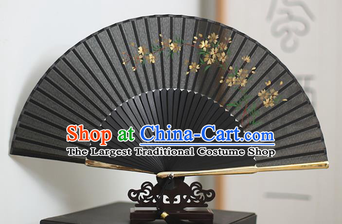 China Classical Folding Fan Black Silk Fans Printing Flowers Fan Traditional Accordion
