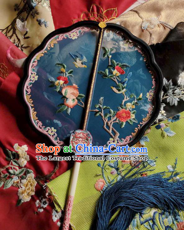 China Traditional Court Hanfu Fan Handmade Embroidered Pomegranate Palace Fan Wedding Blue Silk Fan