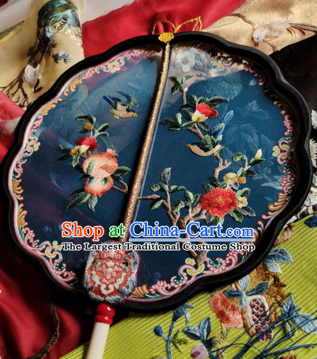 China Traditional Court Hanfu Fan Handmade Embroidered Pomegranate Palace Fan Wedding Blue Silk Fan