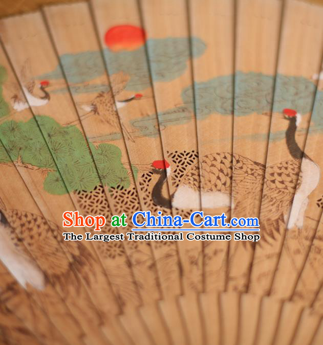 China Printing Cranes Folding Fan Classical Wood Carving Fan Traditional Sandalwood Accordion