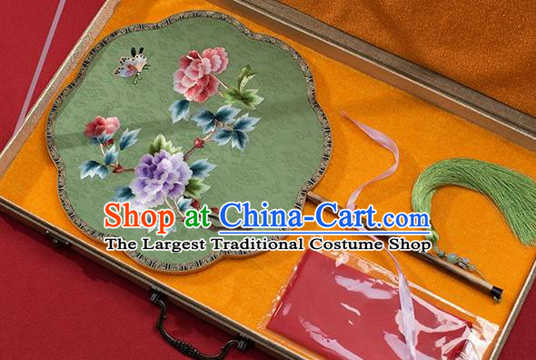 China Ancient Hanfu Palace Fan Embroidered Peony Fan Traditional Green Silk Fans
